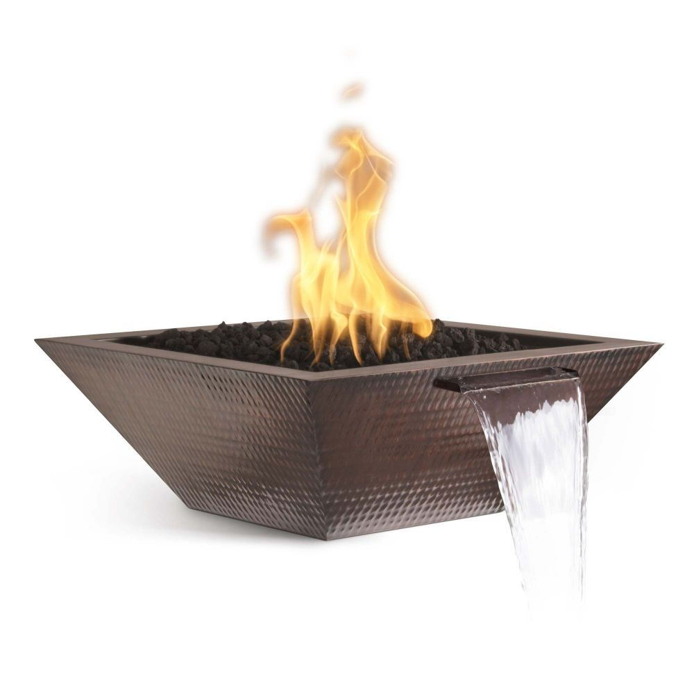 The Outdoors Plus OPT-24SCFWE12V-LP 24" Maya Hammered Copper Fire & Water Bowl - 12V Electronic Ignition - Liquid Propane